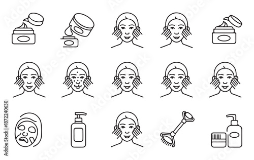 Beauty face skin care procedure treatment line icons set isolated on white background. vector illustration woman applying cosmetic product