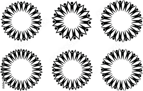 People circle silhouettes forming unity and teamwork symbols set isolated on white background for community cooperation social network and corporate logo design illustration