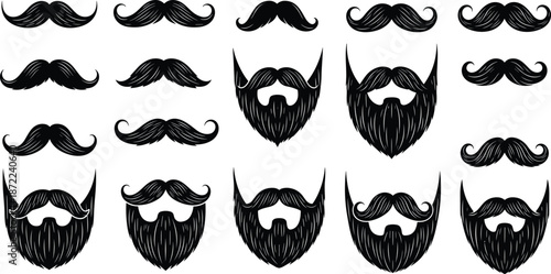 Vintage mustache and beard silhouettes, hipster facial hair styles, barber grooming icons, masculine fashion elements, black vector illustration collection