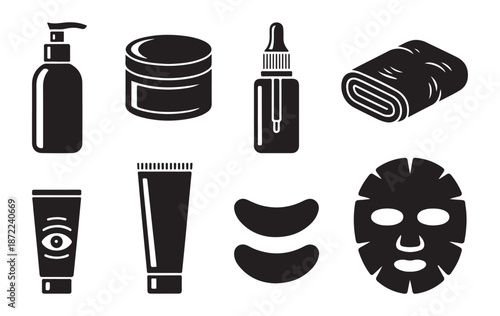 Beauty face skin care procedure treatment glyph icons set isolated on white background. vector illustration cosmetic product