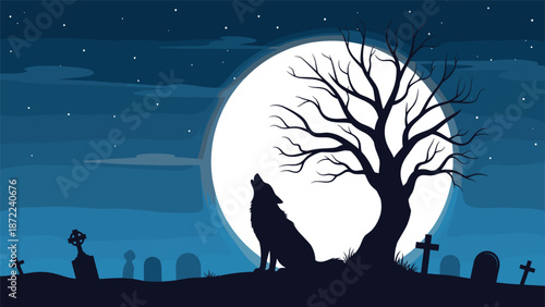 Silhouette of a wolf howling at a large full moon in a spooky graveyard at night with stars and tombstones on the horizon.