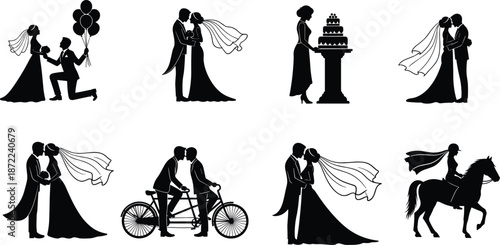 Wedding couple silhouettes, romantic bride groom moments, love ceremony scenes, elegant marriage poses, celebration concept, black vector illustration set