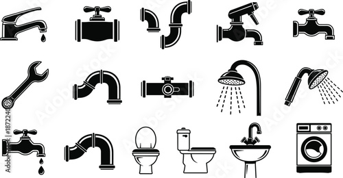 Plumbing tools and bathroom fixtures silhouettes, water pipes, faucets, shower heads, toilet and sink icons, black vector illustration set