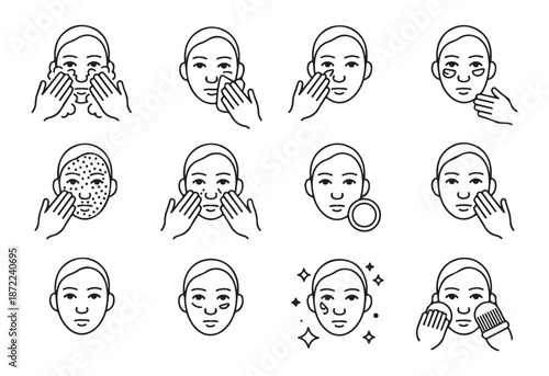 Skincare routine actions icons, applying cream, washing face, beauty treatment steps