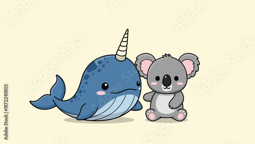 Cute cartoon illustration of a narwhal and a koala standing together as friends in a friendly and playful character design.