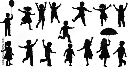 Happy kids silhouettes jumping running playing with balloon and umbrella set isolated on white background for childhood fun joy and celebration design