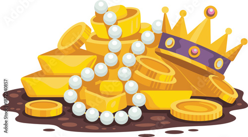 Gold treasure illustration, royal crown, pearls, golden bars and coins, luxury wealth concept, cartoon vector, isolated on white background design