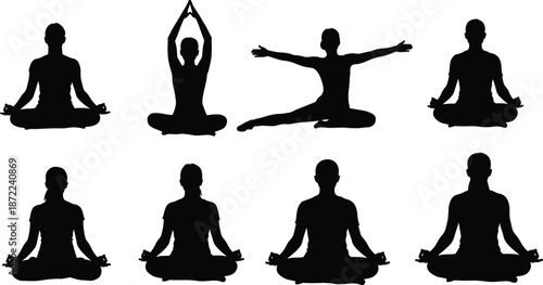Yoga meditation silhouettes, peaceful mindfulness poses, wellness balance exercises, spiritual relaxation, fitness stretching, healthy lifestyle, black vector illustration set