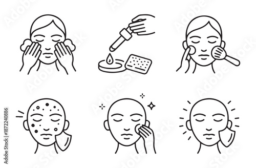 Dermatology line icons set skin treatment and face care routine apply cleanser moisturizing cosmetic products