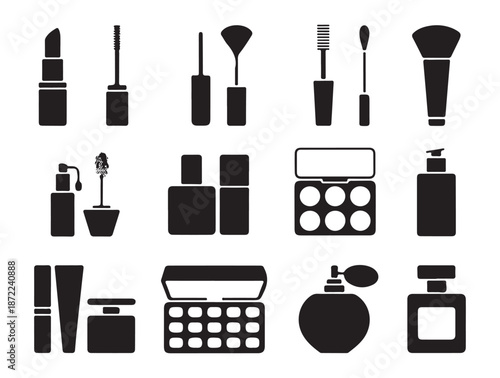Essential makeup and cosmetic icons featuring lip products brushes and fragrance