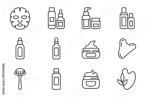 Beauty product line icons for skincare routine including sheet mask serum cream lotion and gua sha