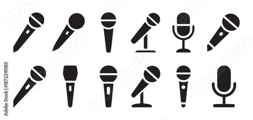 Professional microphone icons set featuring various handheld and desk stand models for performance and broadcasting