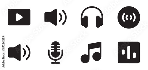 Set of eight isolated black and white audio and media related icons for web and mobile interfaces