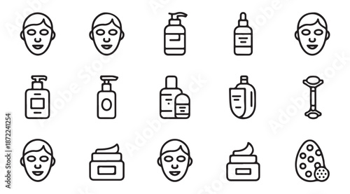 Set of simple outline icons representing facial skincare products and beauty treatments for skin care