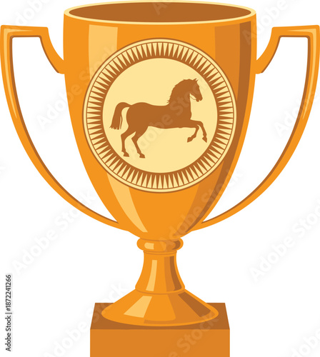 Golden trophy cup illustration, horse emblem award, championship victory prize, luxury winner symbol, premium vector icon, achievement celebration design concept