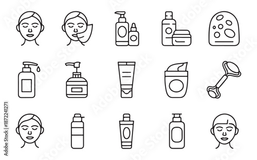 Thin line icons showing woman receiving facial treatment and various beauty product containers for personal care