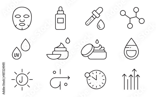 Skin care icon set for beauty routine including facial mask serum bottle pipette moisturizer and sun protection art