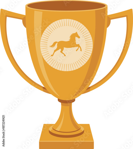 Golden trophy cup illustration, horse emblem award, championship victory prize, luxury winner symbol, premium vector icon, achievement celebration design concept