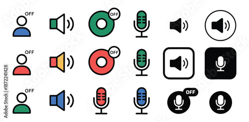 Collection of colorful icons representing user status audio volume controls speaker output and microphone mute features for conference interfaces
