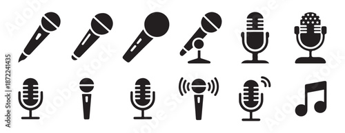 Large collection of microphone icons in various shapes and styles suitable for broadcast speech and music production graphic elements set