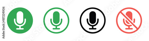 Set of four microphone icons showing active muted and status indicators in different modern design styles