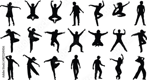 People silhouettes jumping dancing and performing energetic poses set isolated on white background for fitness celebration movement motivation and active lifestyle illustration