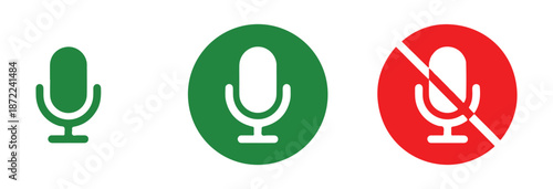 Various microphone symbols showing different sizes and color states for recording and mute functions isolated