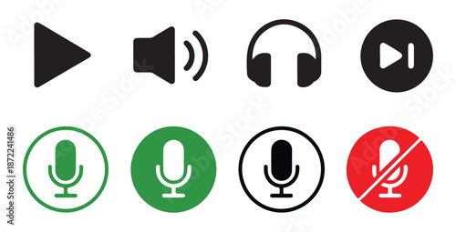Group of four vector icons including play speaker headphones and microphone status indicators for media control