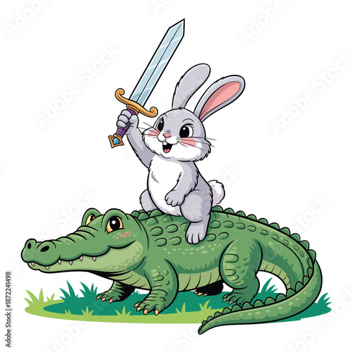 A whimsical illustration depicts a determined gray rabbit warrior riding atop a green crocodile brandishing a sword with a confident expression.