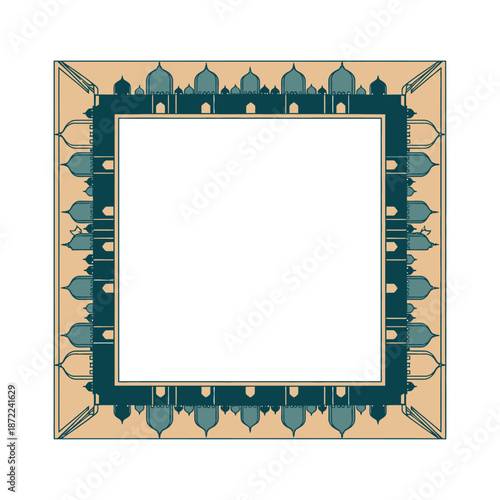 Ornate square frame with intricate teal and beige design.