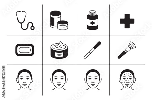Collection of medical and beauty care icons and symbols for healthcare and skincare applications