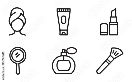 Beauty accessories for women makeup and skincare routine, cosmetic hygiene product with perfume bottle