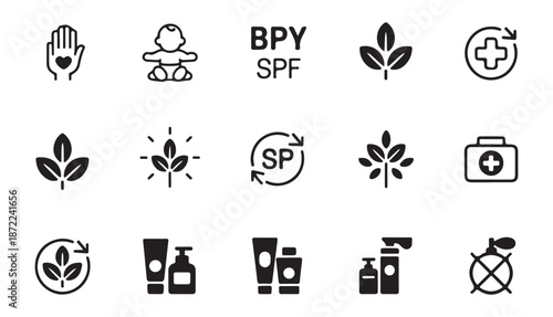 Assortment of baby, organic, and skincare product icons for health and beauty applications
