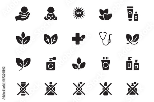 Set of natural and baby care icons emphasizing organic, health, and sun protection elements