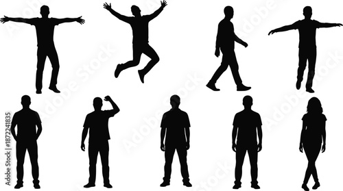 Male silhouettes standing walking jumping and posing set isolated on white background for business casual lifestyle people character design and modern 