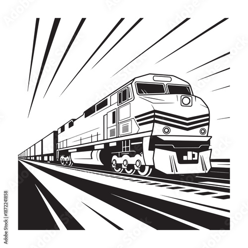 Freight locomotive train moving fast down railroad tracks with motion blur effect