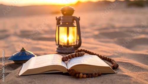 Ramadan Reflection - Open Book, Lantern, and Prayer Beads in Desert.