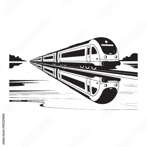 Sleek high speed passenger train crossing reflective surface landscape view