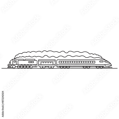 Minimalist outline drawing of modern high speed shinkansen style train vector illustration with steam on top