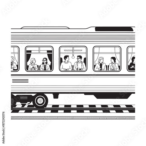 Side view of passenger train carriage with people looking out of windows while traveling vector outline illustration