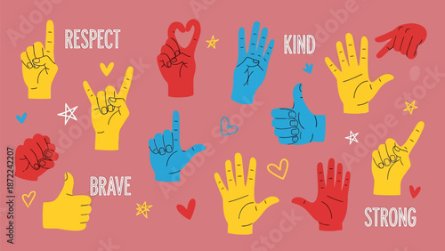 Vibrant hands in sign language with motivational words on pink background