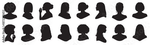 Collection of diverse female profile silhouettes in various hairstyles and poses.