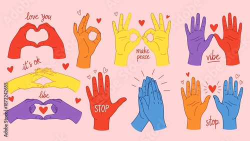 Colorful hands making positive gestures with hearts and love