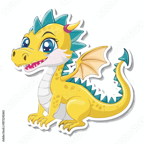 A cute green baby dinosaur character smiling in a fun cartoon vector illustration of a friendly fantasy reptile monster art drawing