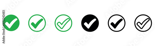 Green check mark and red cross icon set. Circle and square. Tick symbol in green color, vector illustration. 

