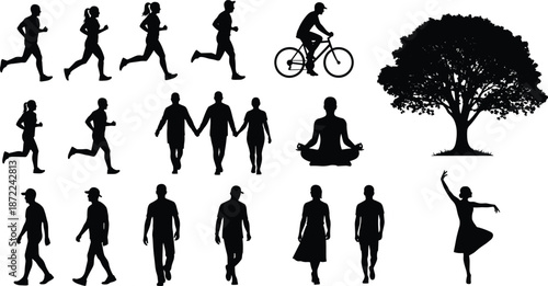 Silhouette people walking running cycling meditating dancing and tree set isolated on white background for fitness lifestyle and nature design