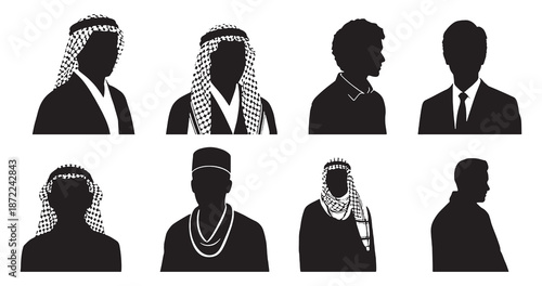 Collection of Silhouettes of Men in Various Traditional and Modern Attire.