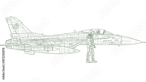 Detailed mosaic illustration of fighter jet with pilot standing beside