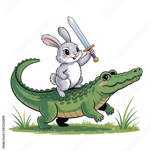 A charming illustration depicts a gray rabbit confidently riding atop a green alligator playfully wielding a gleaming sword aloft high-quality.