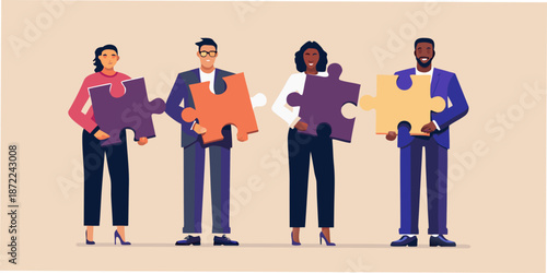 Diverse team collaborating and connecting puzzle pieces for a successful outcome